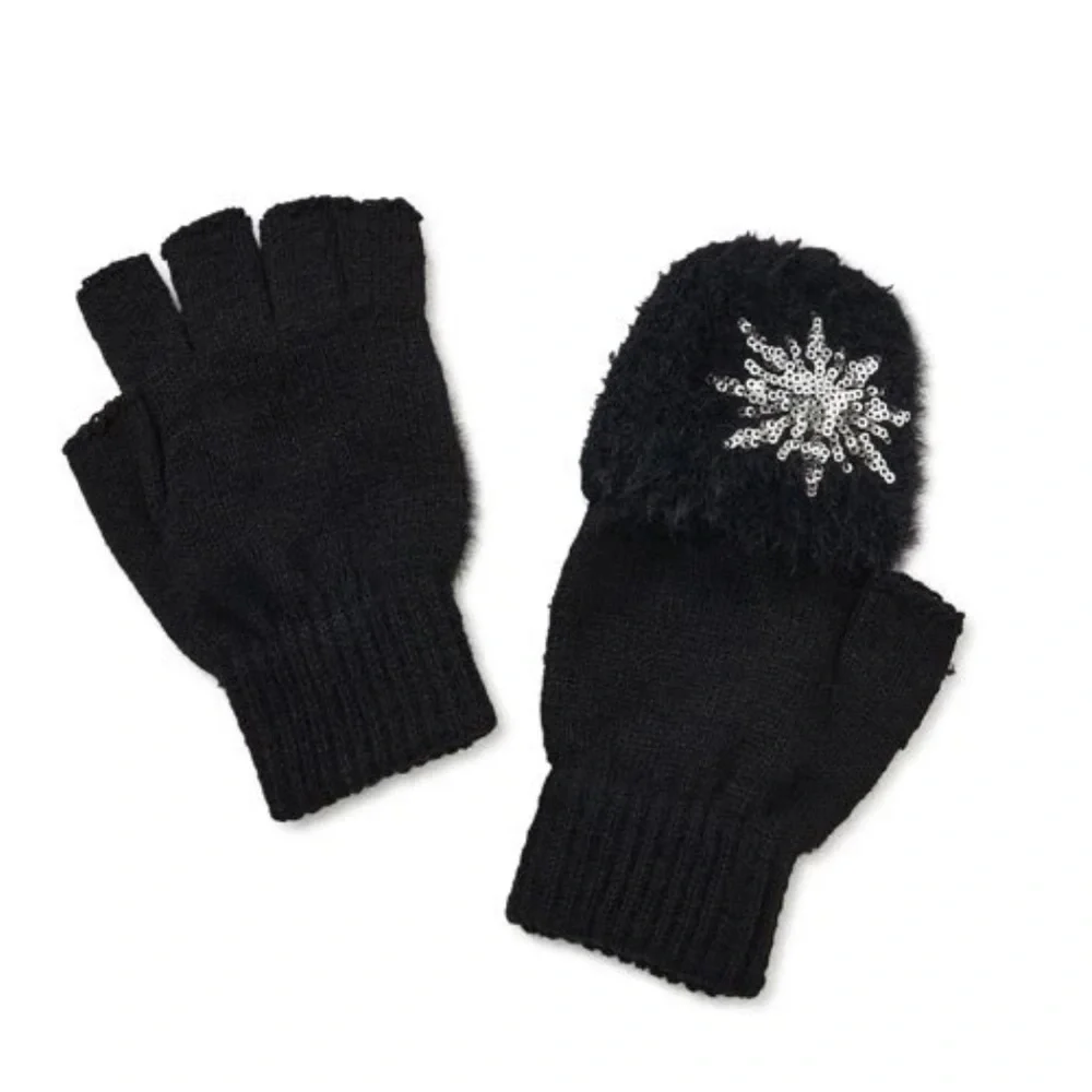 Ladies Winter Black knitted Beanie Sequins Hat & Fur Pom Pom And Mittens Set NWT